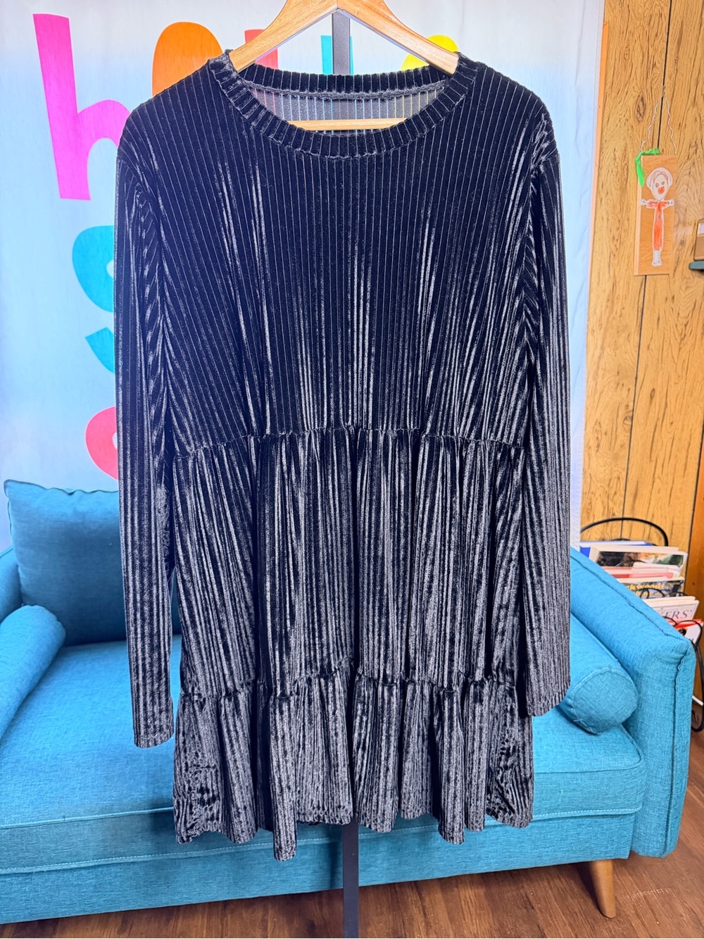 Black Velvet Pleated Long Sleeve Tunic Dress